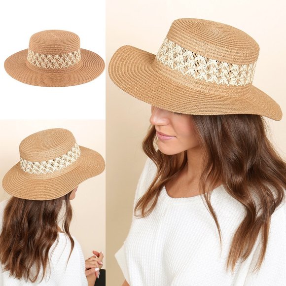 NEW Natural Tan Mix Contrast Weaved Straw Wide Brim Panama Floppy Beach Sun Hat - Picture 11 of 11